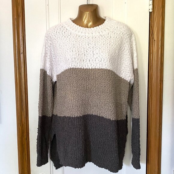 NWOT Chunky 3-Colour Sweater | White Taupe Grey Bouclé Knit Pullover - Picture 1 of 11